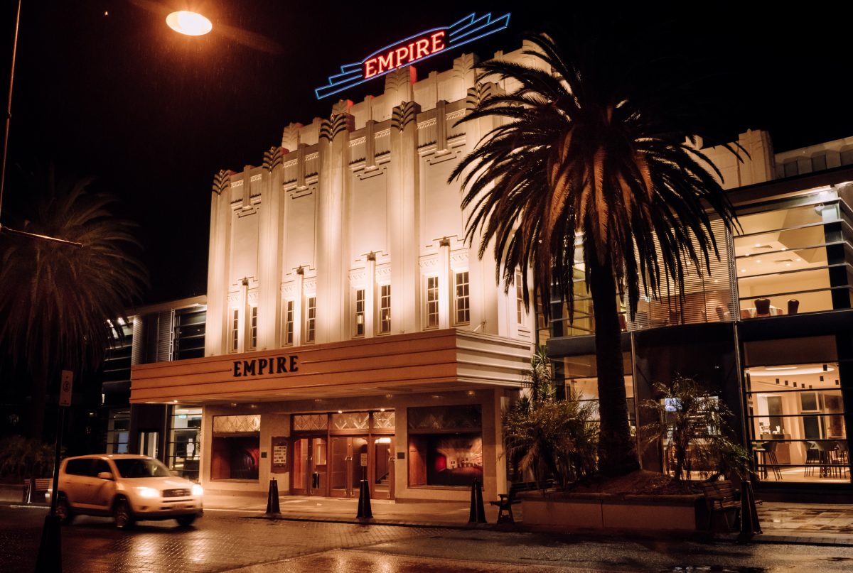 The Empire Theatre lit up at night